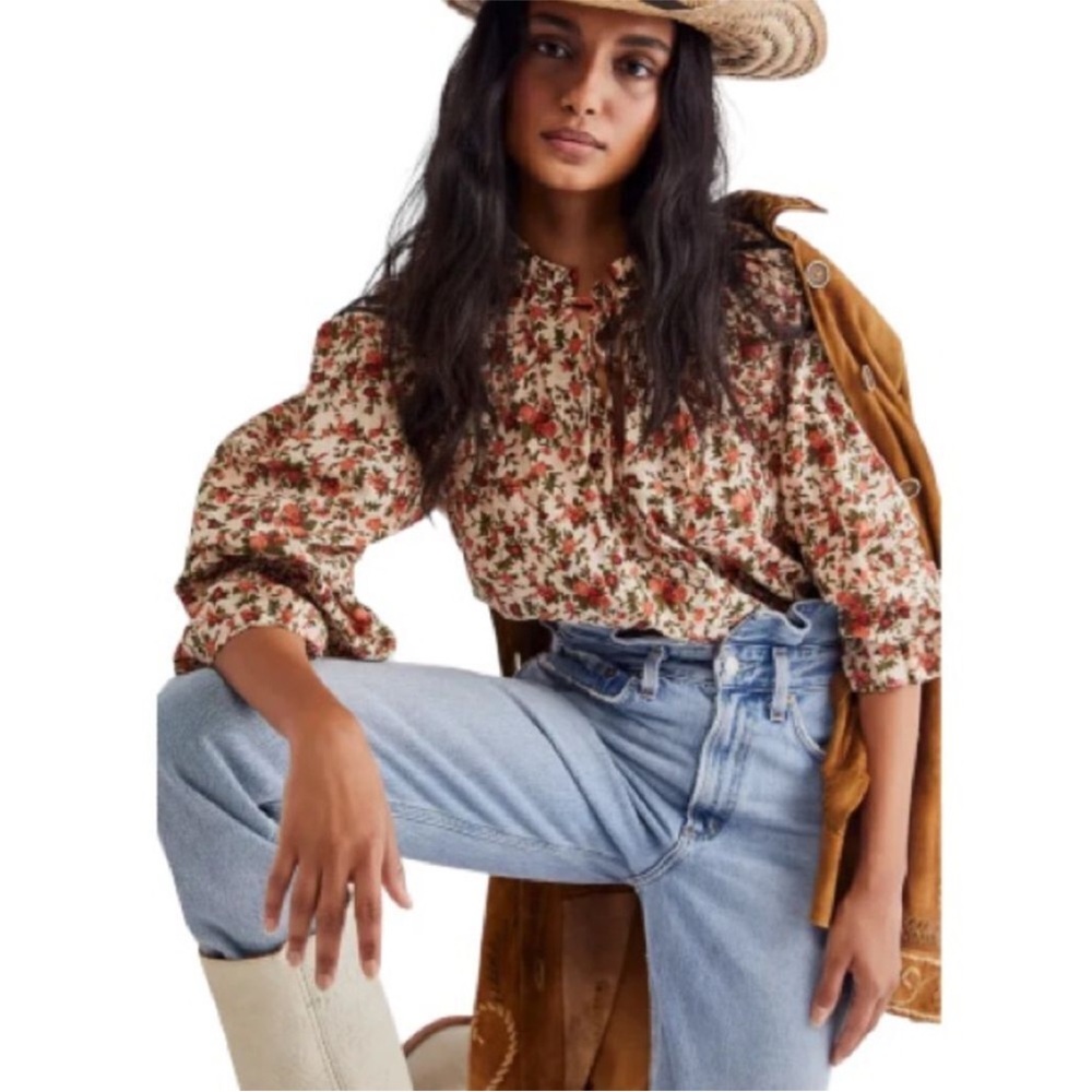 Free People Meant To Be Puff Sleeve Ruffle Blouse Top Vintage Floral Cotton Boho - Picture 10 of 16